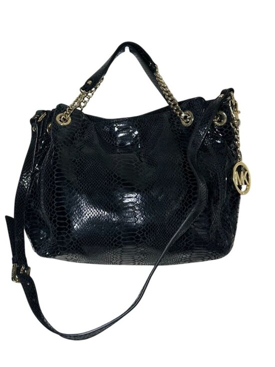 Michael Kors Handbags - Michael Kors Black Glossy Python Embossed Leather Shoulder Bag Gold Chain Hobo P
